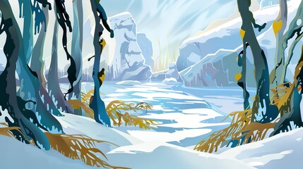 Snow-covered kelp forest flat design side view, ice and snow seascape, water color, triadic color scheme 
