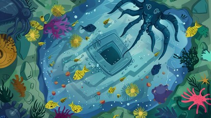 Underwater treasure vault flat design top view, hidden kingdoms, water color, tetradic color scheme 