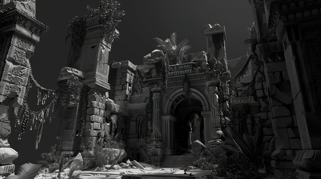 Guarded temple ruins flat design front view, hidden kingdoms, 3D render, black and white 