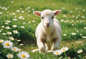 Fototapeta premium A charming spring lamb jumping merrily in a meadow with daisies, a symbol of new beginnings