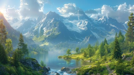 mountain landscape, a sunny day in the mountains, with the sun brightening the lush forests, sparkling streams, and towering peaks, creating a serene summer setting
