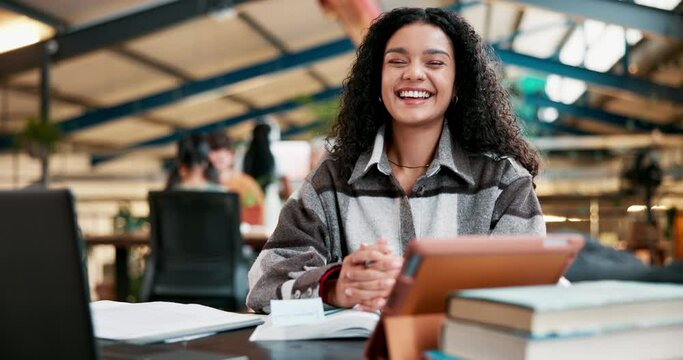 Face, smile and woman in office, creative agency and writer for magazine, journalist and employee. Portrait, girl and consultant at desk, happiness and positive review with editor and publisher