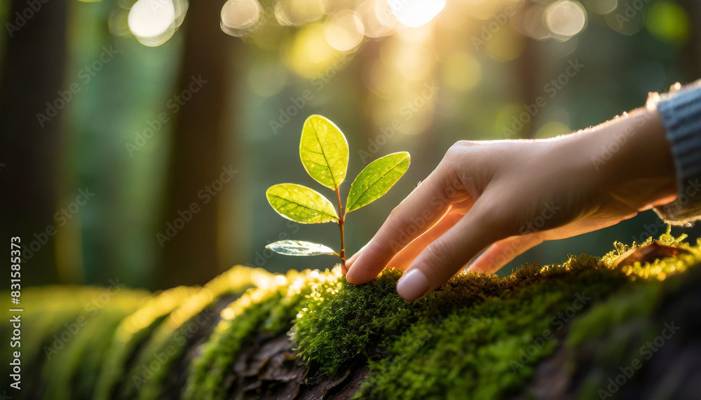 Poster hand gently caressing moss on ancient tree trunk, evoking deep bond with nature