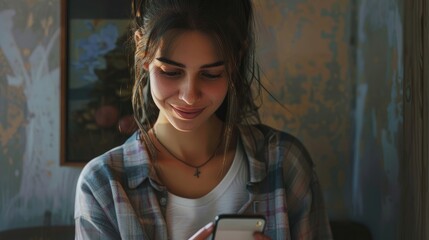 Smiling young woman stares at her mobile phone while texting, messaging and browsing social networks realistic hyperrealistic  