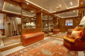 A luxurious dressing area with a mirrored wardrobe and plush carpeting.
