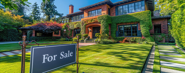 Obraz premium Green Lawn Dream Home. For Sale Sign Displayed