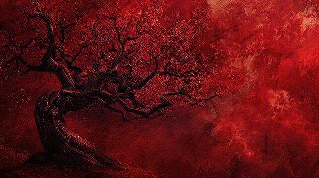 Ancient tree trimmed with a red hue Abstract backdrop and texture