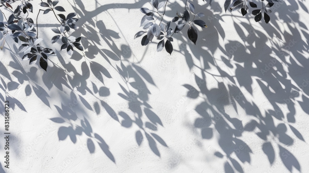 Sticker natural tree leaves casting shadow on a white wall background