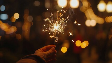 Hand holding sparkler with festive bokeh lights in the background