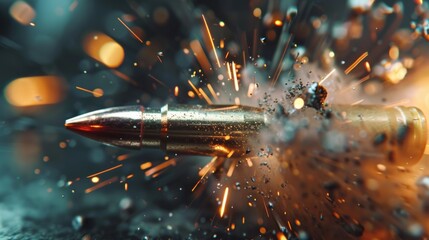 "Close-up of a bullet in mid-air surrounded by sparks and debris, depicting high-speed motion and intensity."
