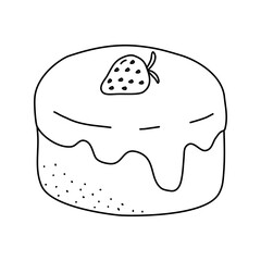 Sponge cake coated with cream, decorated with strawberry, doodle vector outline for coloring book