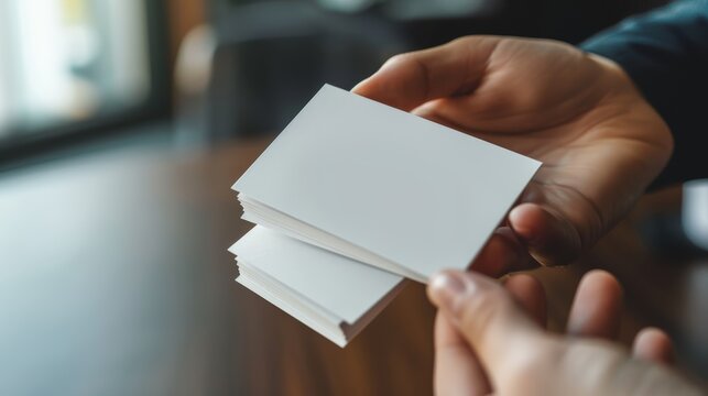 Hand holding stack of blank business cards. Close-up shot with blurred background