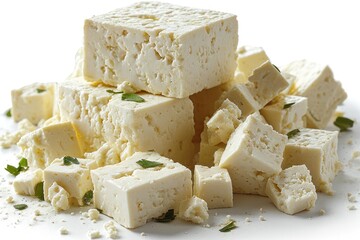Tofu cheese. Tofu. Tofu cheese isolated on white background with copy space. Tofu cheese on white background. Soy cheese tofu. Blocks of white tofu. Plant based food. Vegan food concept. 