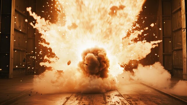 A powerful explosion erupts in an industrial setting, lighting up the scene with fiery flames and dense smoke.