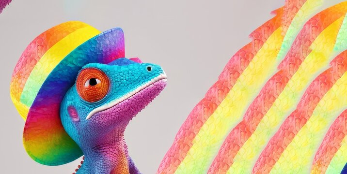 Colorful chameleon in a striped hat on an abstract wavy background, Concept of creativity and adaptation, bright design for background, poster, flyer, invitation