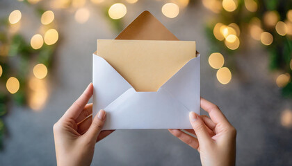 hands holding an envelope containing a letter blank empty wall background