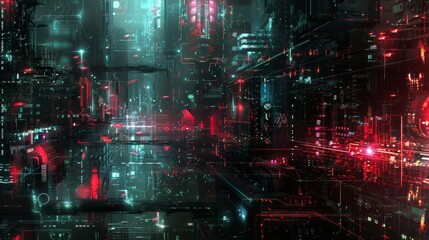 Futuristic cyberpunk cityscape with neon lights, holographic displays, and dense urban architecture, showcasing advanced technology and immersive digital environments.