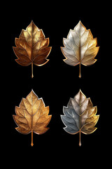 Autumn Splendor: Set of Four Metallic Textured Leaves in Gold, Silver, Bronze, and Copper Tones.