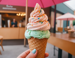 a pink umbrella over a small ice cream cone