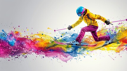 Fototapeta premium Dynamic abstract painting of skier mid jump, vibrant colors capture extreme winter sports excitement