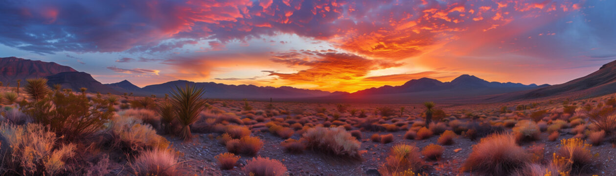 A beautiful sunset over a desert landscape. The sky is filled with clouds and the sun is setting, casting a warm glow over the land. The scene is serene and peaceful