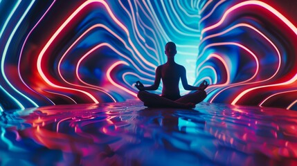 Silhouette meditating in a neon-lit futuristic tunnel, serene vibes surrounded by vibrant, abstract light patterns.