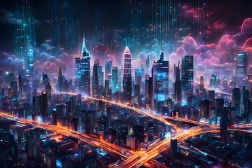 Fototapeta premium A cityscape with neon lights and a futuristic feel