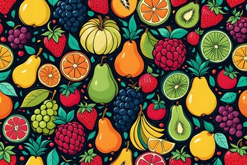 A colorful fruit pattern with a variety of fruits including oranges, bananas