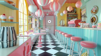 Bright pastel-colored retro-themed ice cream parlor with pink and blue decor, striped stools, and a black and white checkered floor.