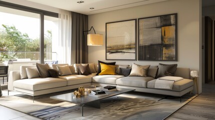 Modern living room with a large sectional sofa, abstract art, and natural light streaming through glass doors to a balcony.