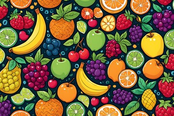 A colorful fruit pattern with bananas, apples, oranges, and grapes