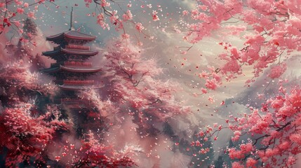 Fototapeta premium cherry blossom painting, an oil painting of sakura petals cascading on a japanese pagoda, evoking the fleeting charm of japans natural allure in delicate hues of pink and white