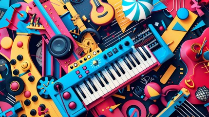 A vibrant, colorful collage of musical instruments and equipment in a playful, abstract style, perfect for creative projects.