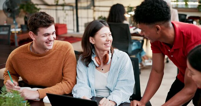 University, students and friends laugh on tablet together for learning meme, funny surprise or education. Team, people or happy group in college for test discussion, exam or creative research project
