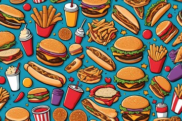 A colorful and detailed image of various fast food items such as hamburgers