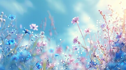 Serene and Artistic Natural Scene: Beautiful Pastoral Landscape with Chamomile and Blue Wild Peas in Morning Haze Against a Blue Sky with Clouds.