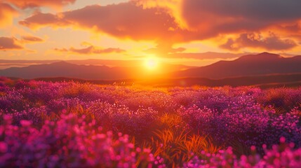 Serene and Artistic Natural Scene: Beautiful Pastoral Landscape with Chamomile and Blue Wild Peas in Morning Haze Against a Blue Sky with Clouds.