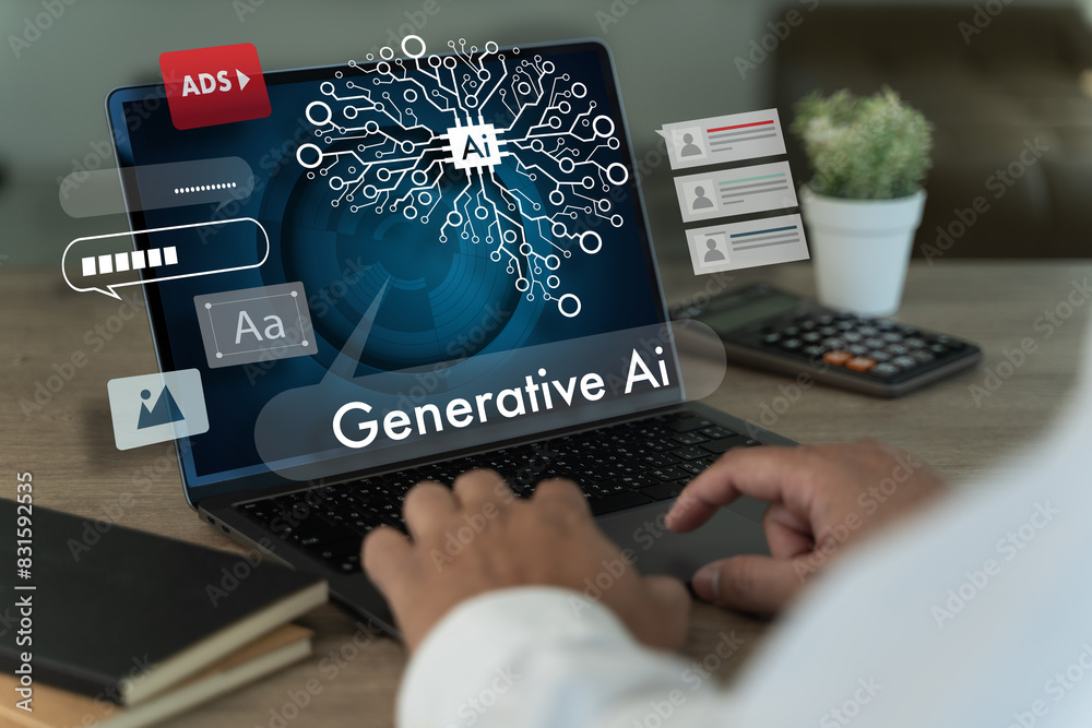 Poster businessman using computer generate ai, chat ai data analysis data online network artificial intelli