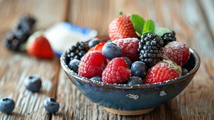Blue ceramic bowl filled with assorted fresh berries including raspberries, blackberries, and blueberries on a wooden table. Perfect for a healthy diet and antioxidant-rich snacks. - Powered by Adobe