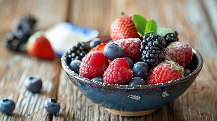 Blue ceramic bowl filled with assorted fresh berries including raspberries, blackberries, and blueberries on a wooden table. Perfect for a healthy diet and antioxidant-rich snacks.