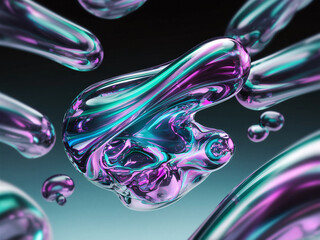 Abstract 3D render of iridescent liquid shapes floating in space, futuristic and surreal aesthetic.