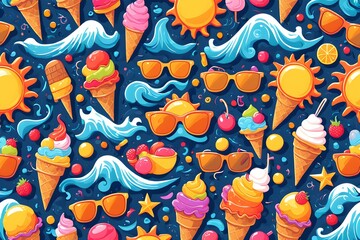 A colorful image of ice cream and sunglasses with a blue background