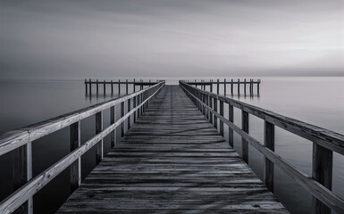 Obraz premium Black and white photograph of wooden pier extending into calm body of water, with another pier visible in distance. Serene, minimalist scene with focus on leading lines of pier.