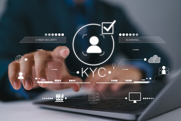 Know your customer (KYC) concept. Businessman use laptop with identity verification symbol for Increase financial security and access personal financial data. Biometrics security.