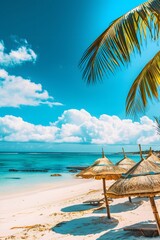 Panorama beautiful beach with white sand, turquoise ocean and blue sky with clouds on Sunny day. Summer tropical landscape with green palm trees and Straw umbrellas with empty copy space. 