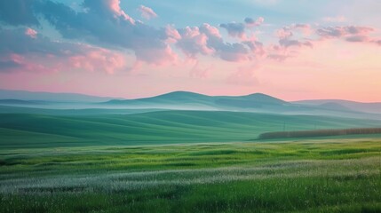 Obraz premium Rolling green hills under a serene pink and blue sky at sunrise, with soft clouds and tranquil mist in the distance.