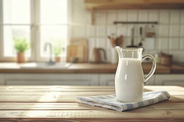 Fresh milk and jug on wooden table with kitchen background.