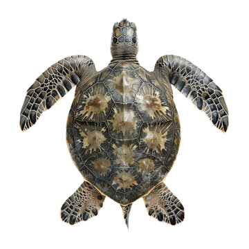 Sea Turtle Shell:  A majestic sea turtle, captured in a stunning aerial view, showcases its intricate shell pattern isolated on transparent background, cut out, png