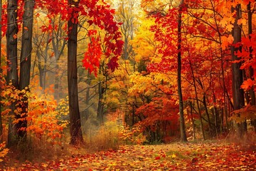 A vibrant autumn forest with leaves in shades of red, orange, and yellow.