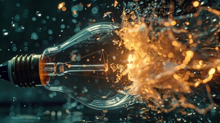 A light bulb shattering into glowing pieces, symbolizing a burst of inspiration and creativity. Ideal for innovative concepts.